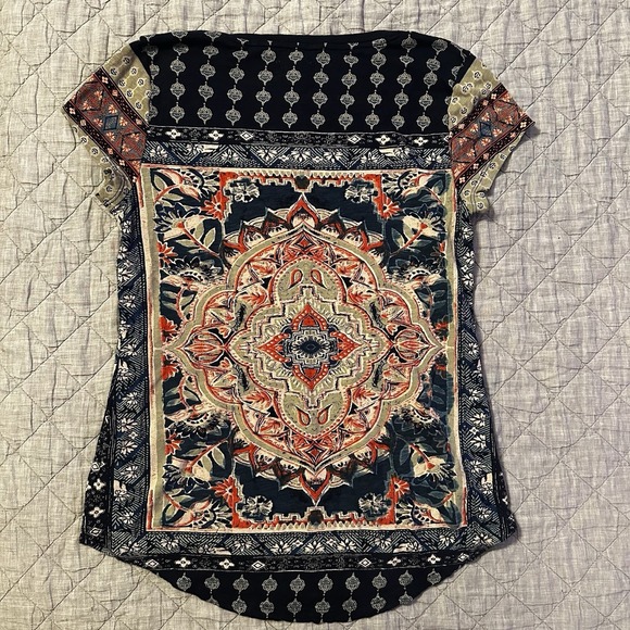 Lucky Brand XS Boho Tunic Top Womens Medallion Print Short Sleeve Indie Hippie - Picture 8 of 9